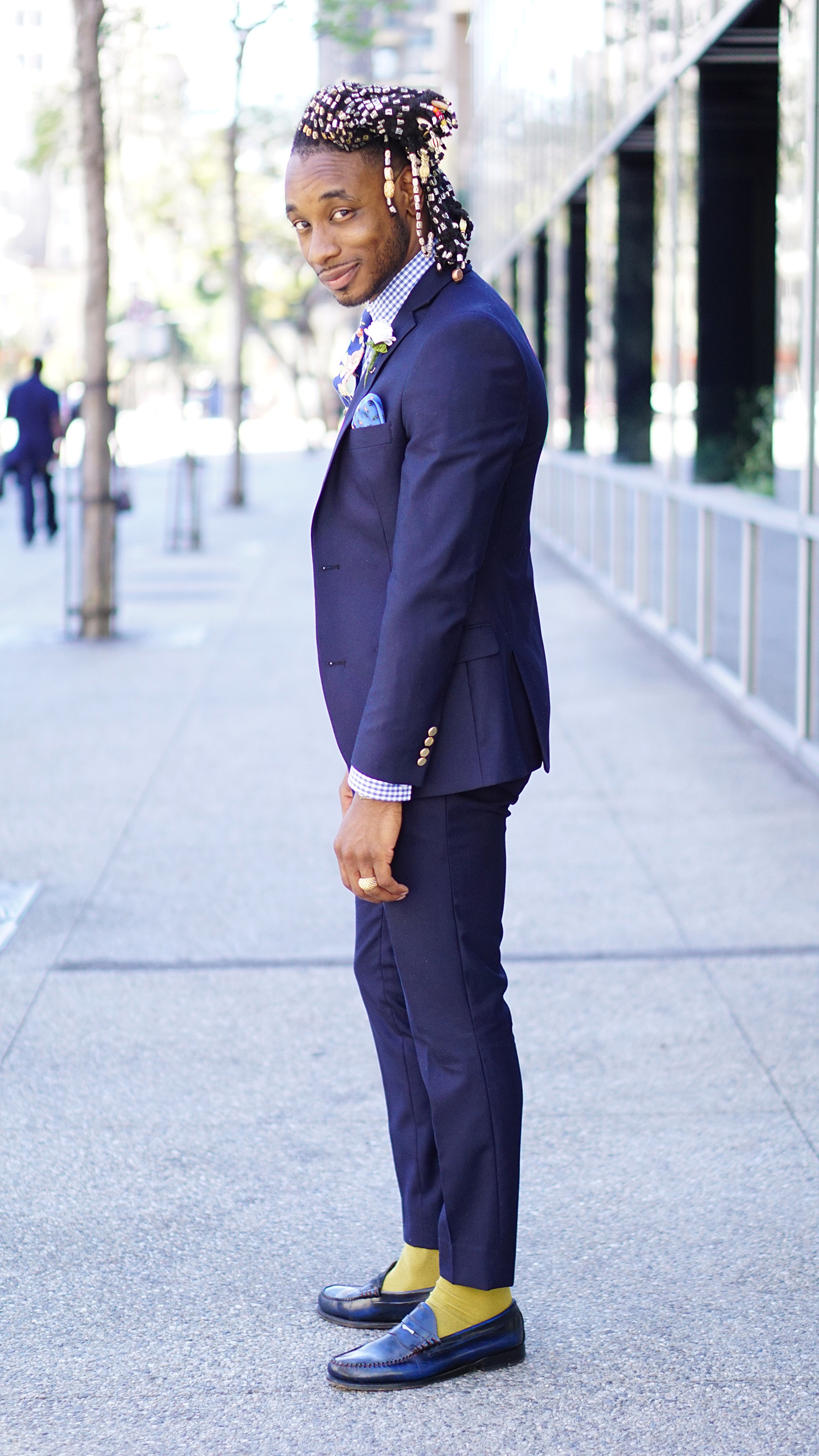 navy suit and loafers