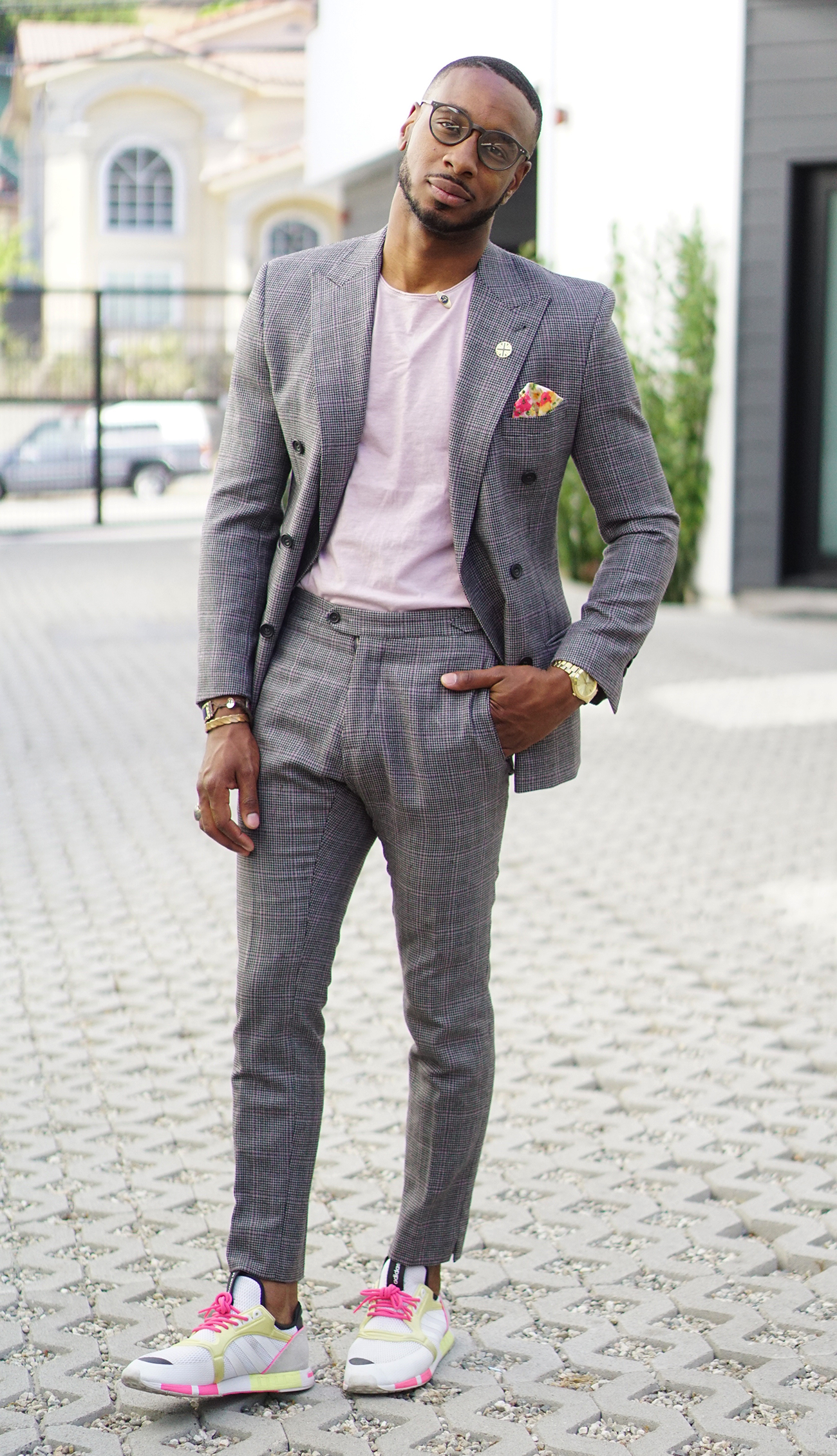 suit with shirt and sneakers