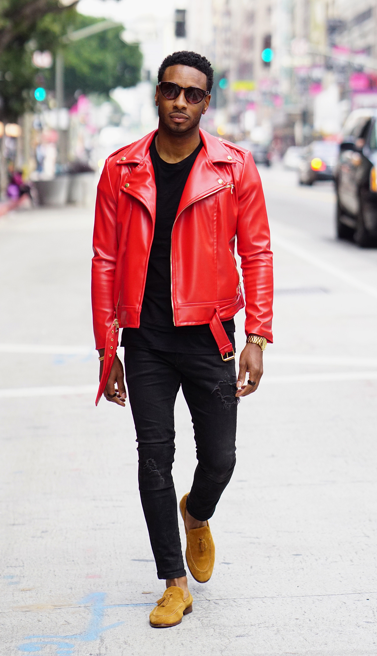 Mens Fashion Red Lining Biker Leather Jacket