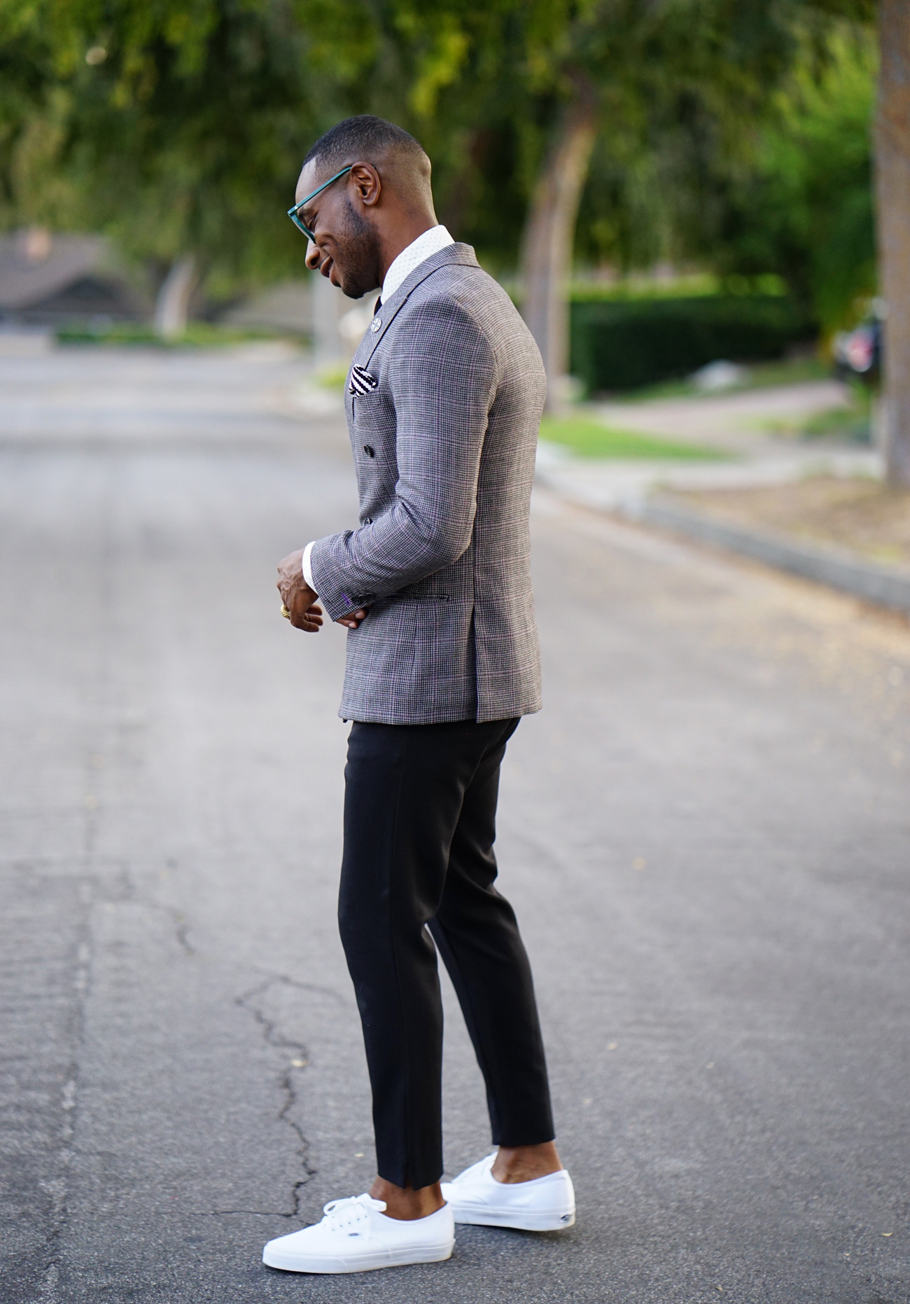 double breasted suit with sneakers