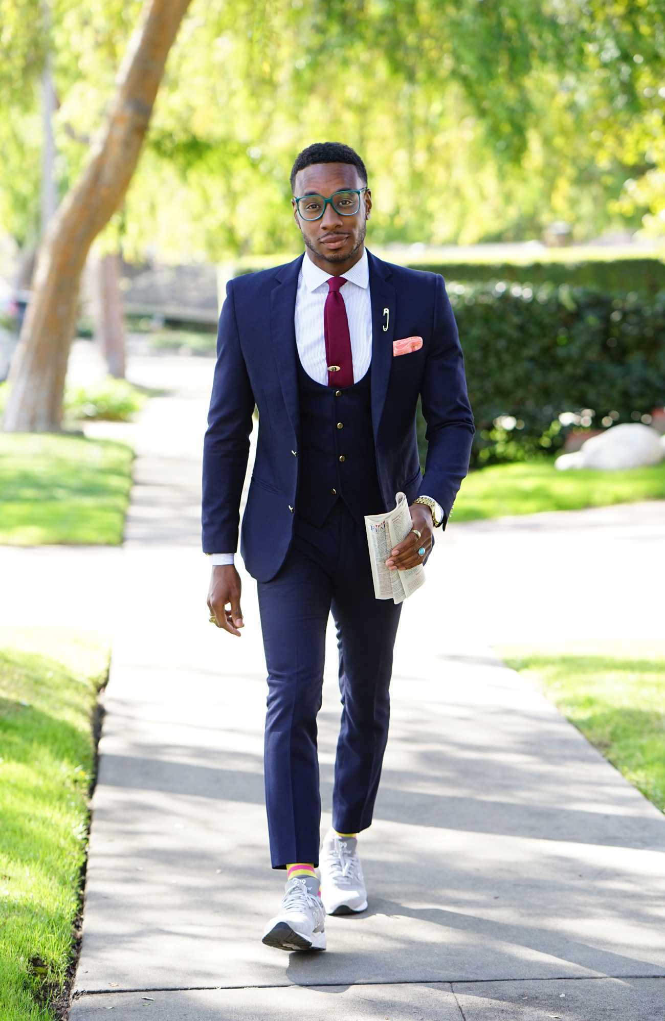 3 piece suit with sneakers