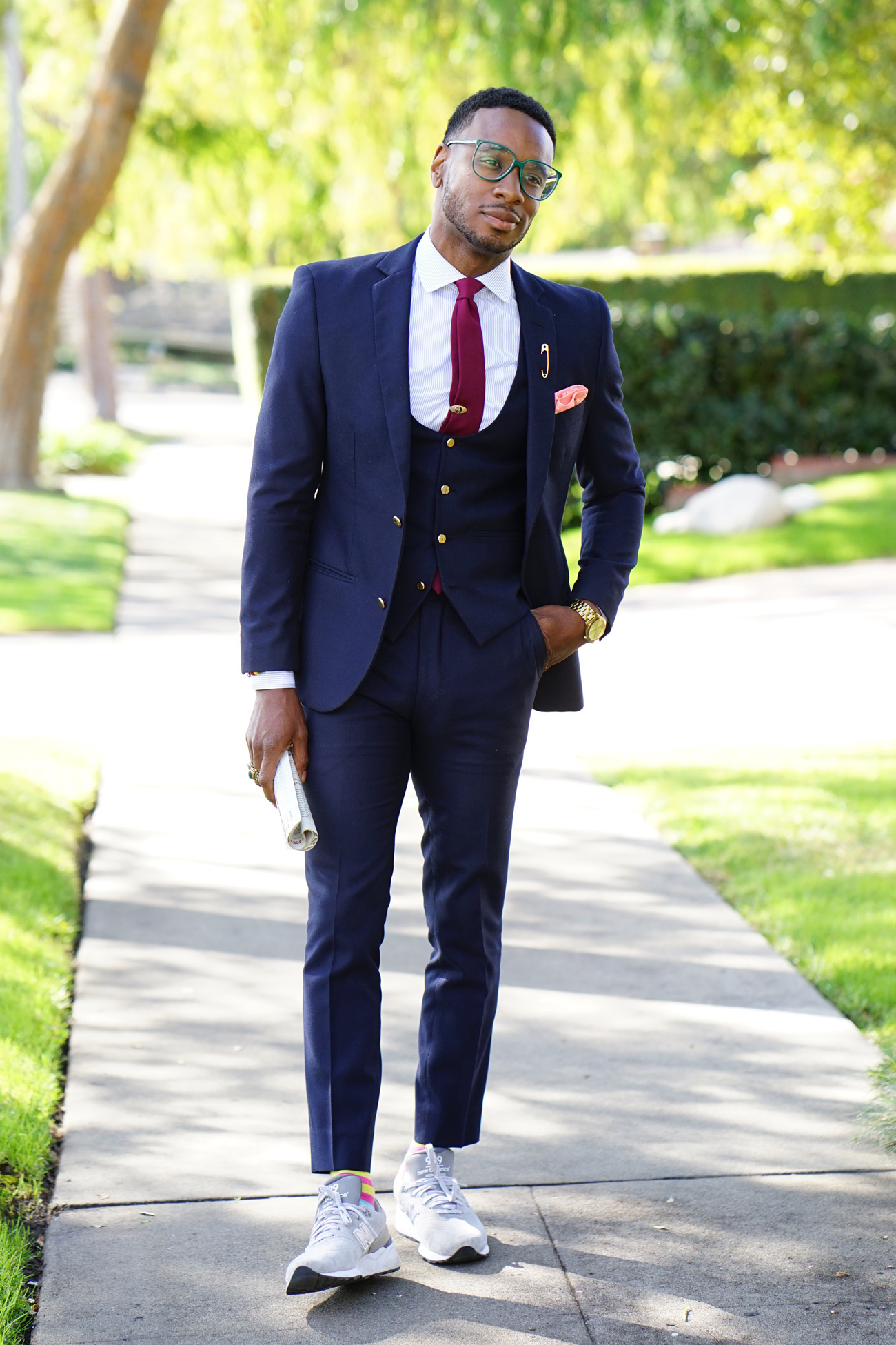 sneakers with navy suit