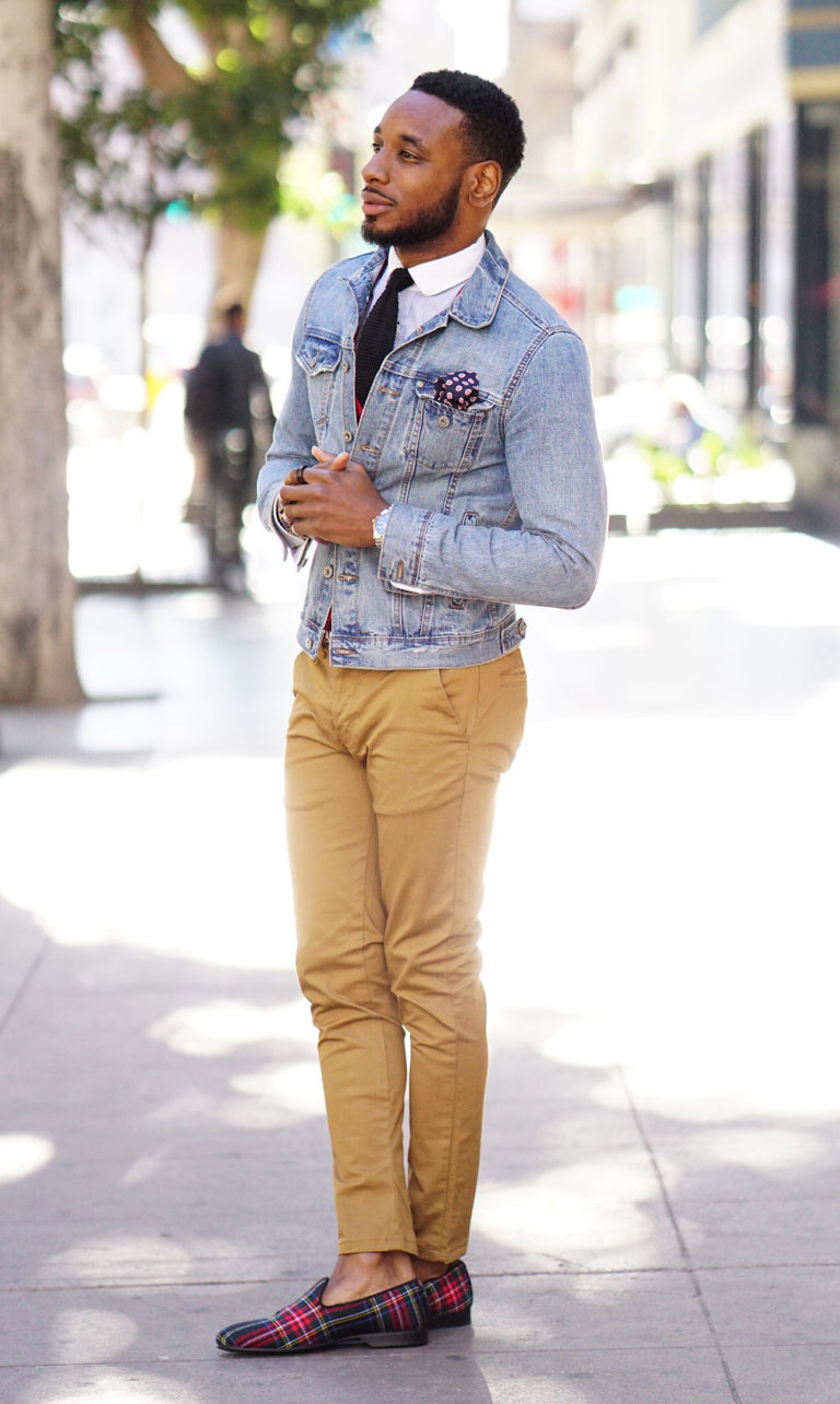 OOTD: DENIM JACKET + KHAKI CHINOS + PLAID LOAFERS – Norris Danta Ford