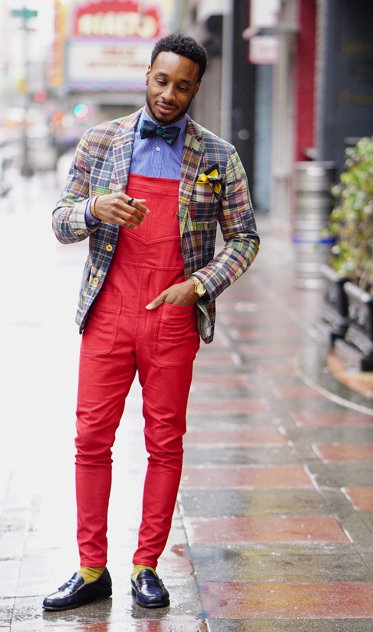 DIY: FIRE RED OVERALLS + SPORTS COAT + BOW TIE – Norris Danta Ford
