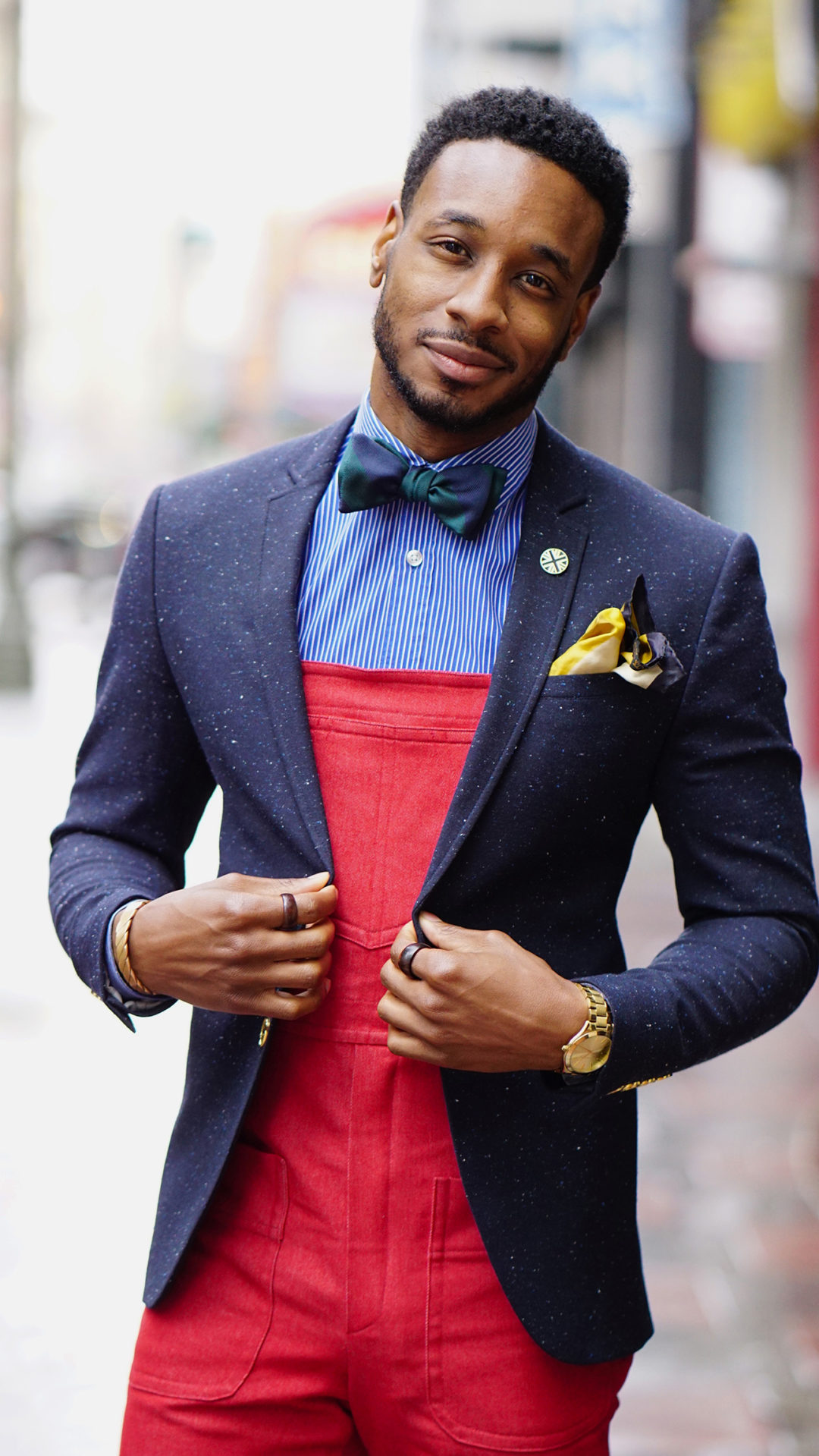 DIY: FIRE RED OVERALLS + SPORTS COAT + BOW TIE – Norris Danta Ford