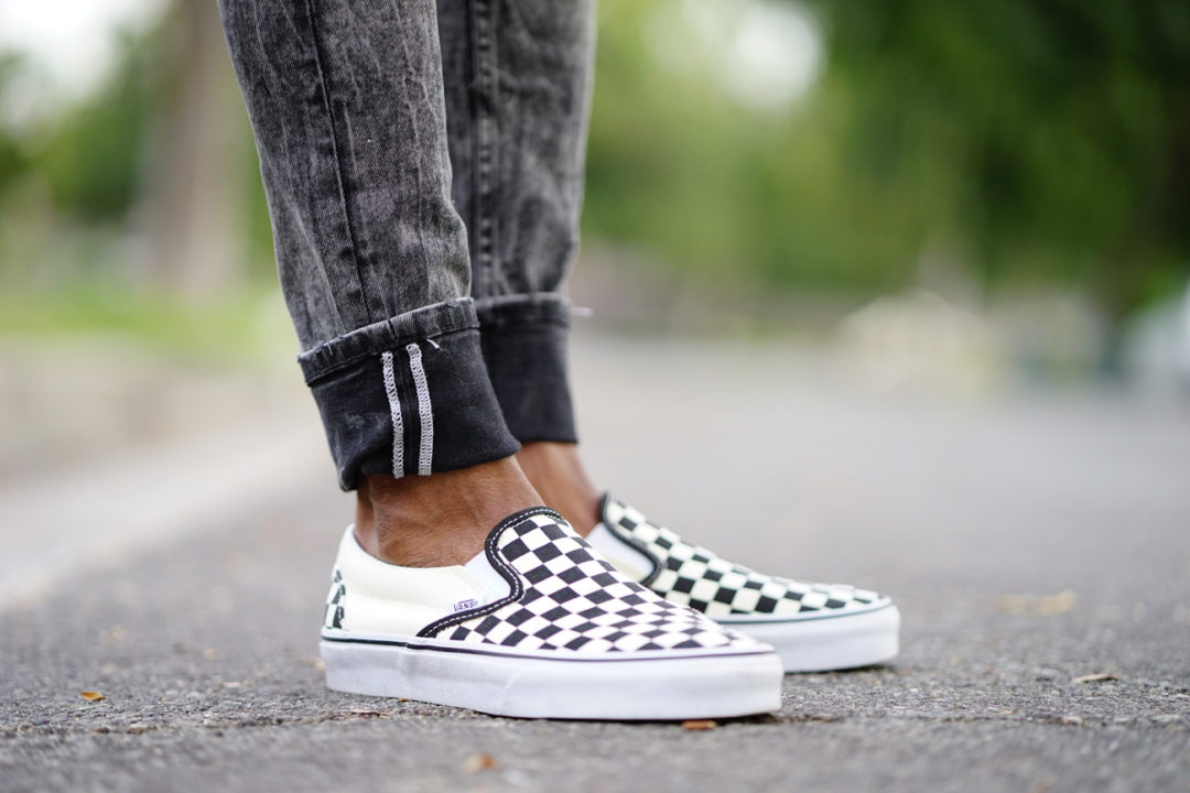 outfit vans slip on checkerboard