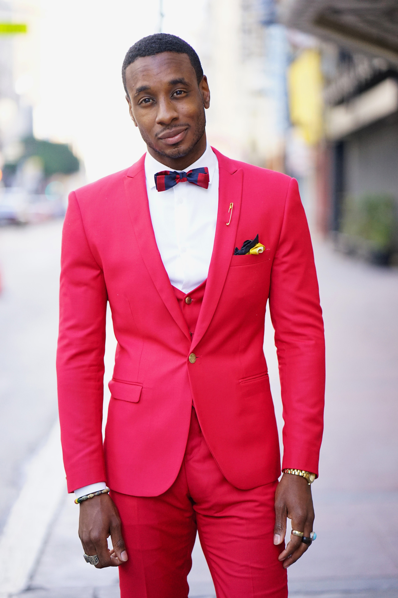 red button up shirt with suit